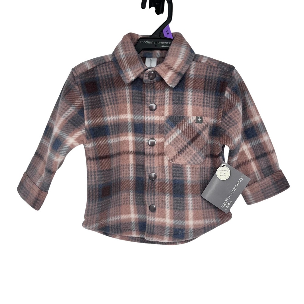 Modern Moments Shacket Kids 12M Brown Plaid Fleece Button Front Pocket